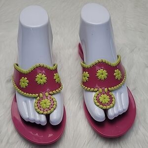 JACK ROGERS Jacks Flat Jelly Pink Two Tone Neon Plastic Slip On Thong Sandals 5
